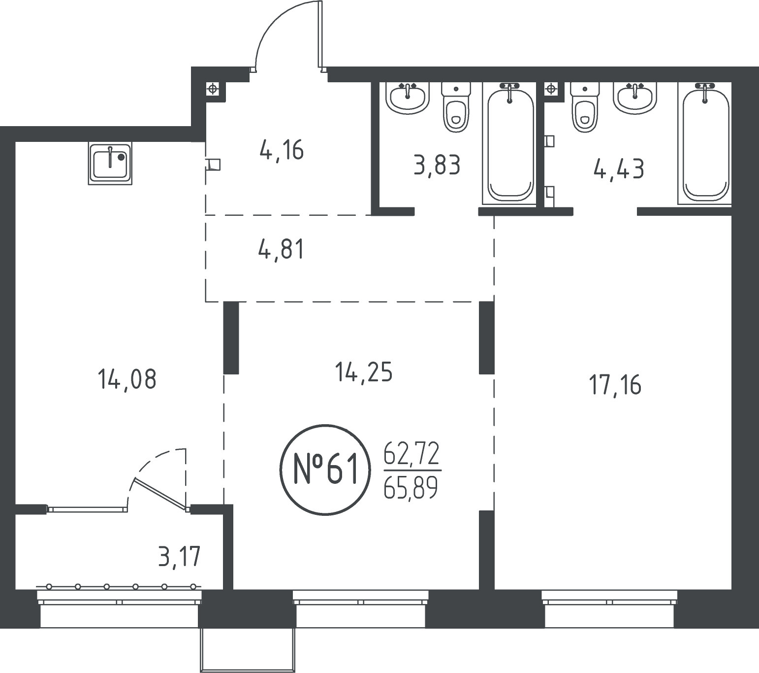 2 к. квартира, ЖК «СОЮЗ PRIORITY» 1 очередь, проезд Юрия Тена, д. 34,  кв. 61, пд.2, эт. 3/10, 65.37 м², 12 449 285 ₽, (190 443 ₽/м²)