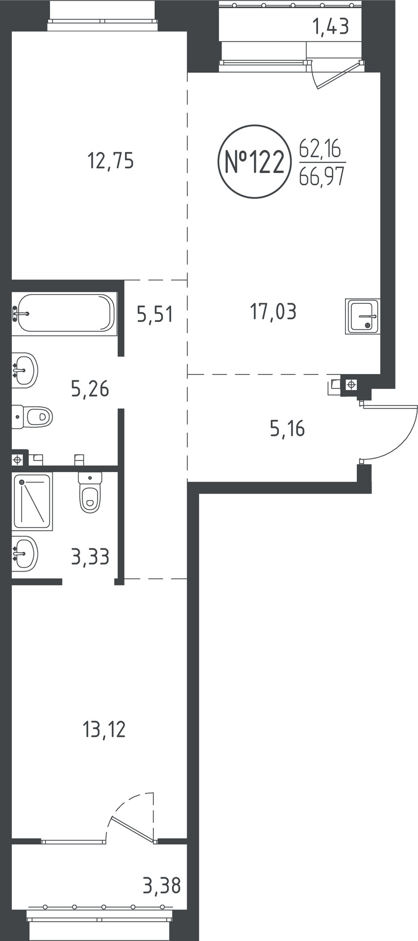 2 к. квартира, ЖК «СОЮЗ PRIORITY» 1 очередь, проезд Юрия Тена, д. 34,  кв. 122, пд.4, эт. 3/10, 66.39 м², 12 600 200 ₽, (189 791 ₽/м²)