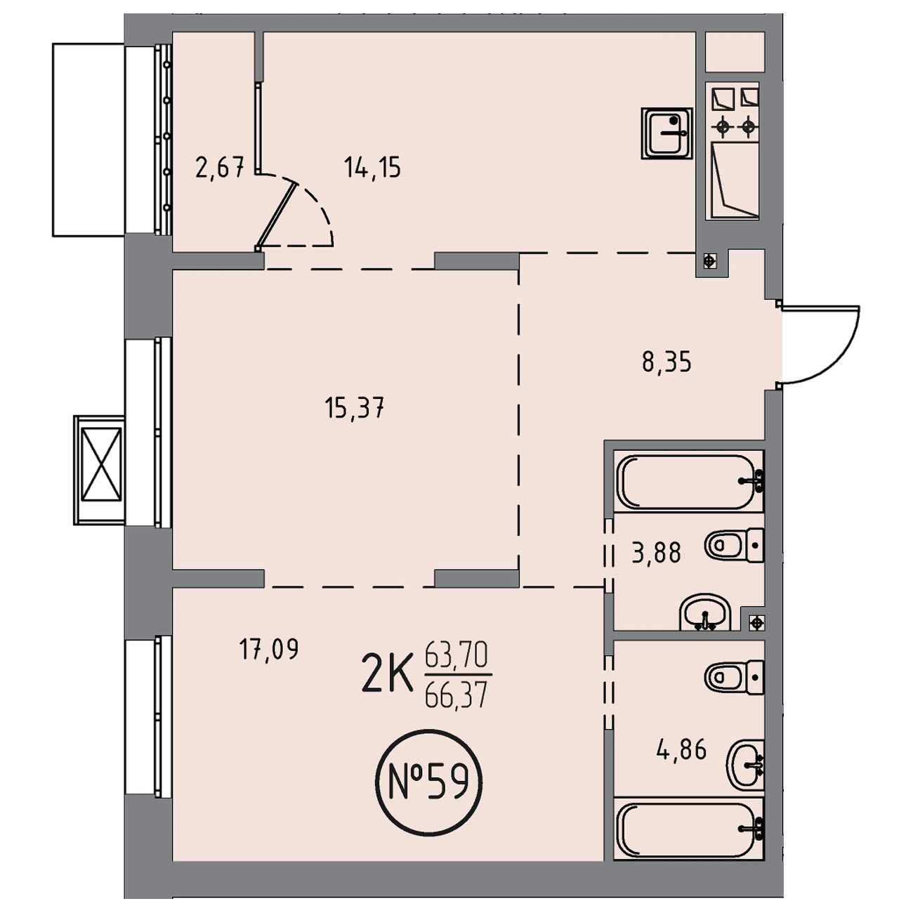 2 к. квартира, ЖК «СОЮЗ PRIORITY» 1 очередь, ул. Эдуарда Дьяконова, д. 14, кв. 59, пд.2, эт. 2/10, 66.37 м², 11 700 605 ₽, (176 294 ₽/м²)