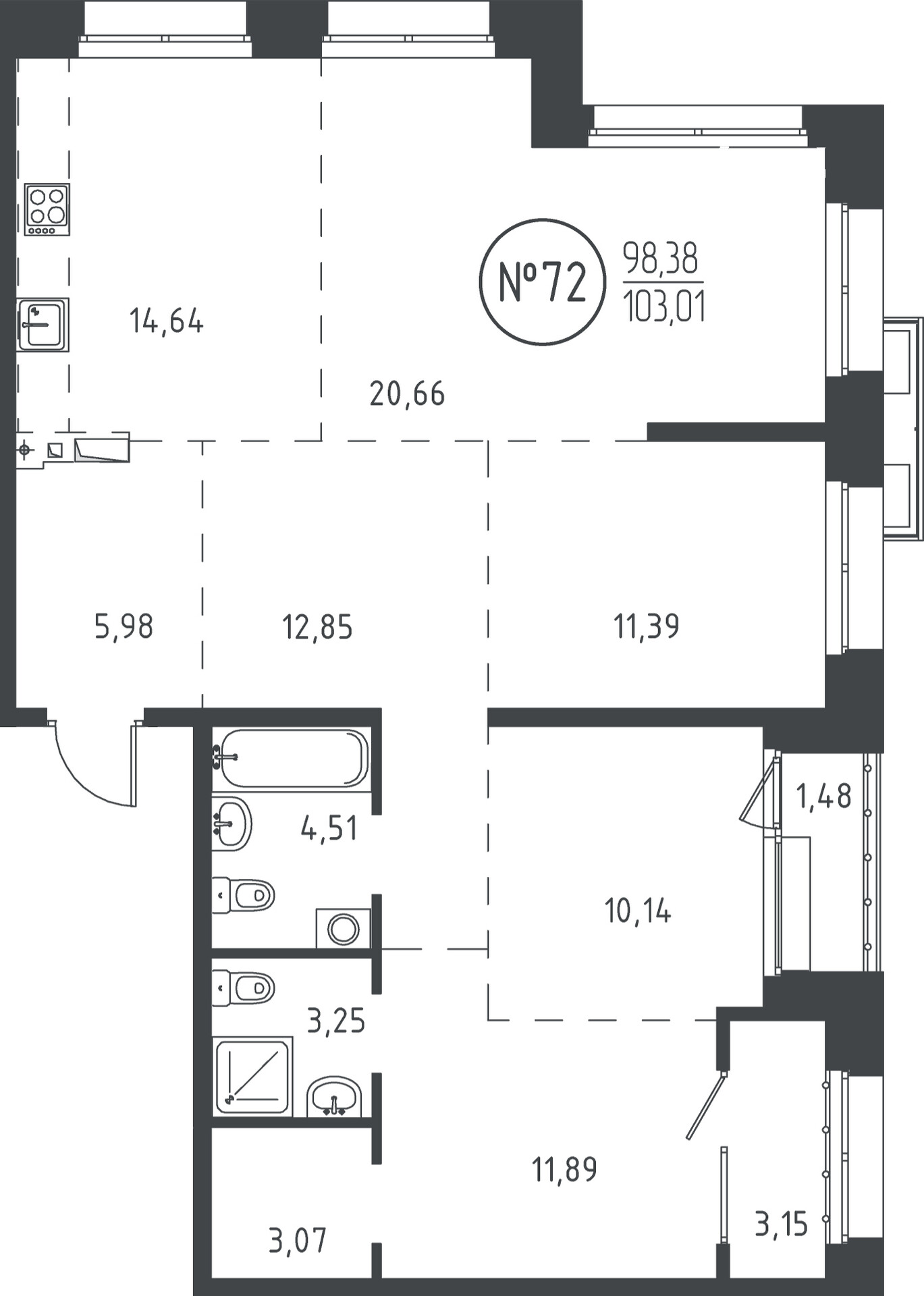 4 к. квартира, ЖК «СОЮЗ PRIORITY» 1 очередь, проезд Юрия Тена, д. 35,  кв. 72, пд.1, эт. 13/19, 102.64 м², 19 689 720 ₽, (191 833 ₽/м²)