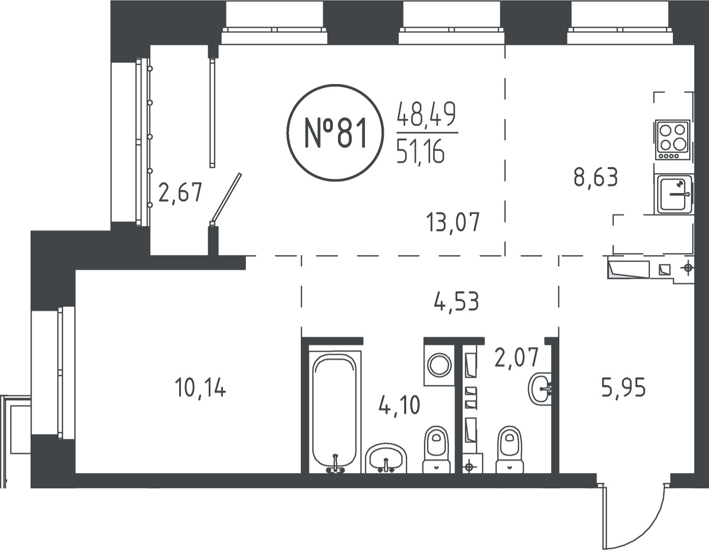 2 к. квартира, ЖК «СОЮЗ PRIORITY» 1 очередь, проезд Юрия Тена, д. 35,  кв. 81, пд.1, эт. 14/19, 50.47 м², 11 633 335 ₽, (230 500 ₽/м²)