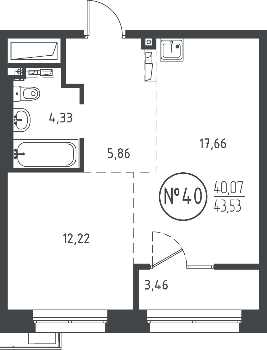 1 к. квартира, ЖК «СОЮЗ PRIORITY» 1 очередь, проезд Юрия Тена, д. 34,  кв. 40, пд.1, эт. 7/10, 43.08 м², 9 675 260 ₽, (224 588 ₽/м²)