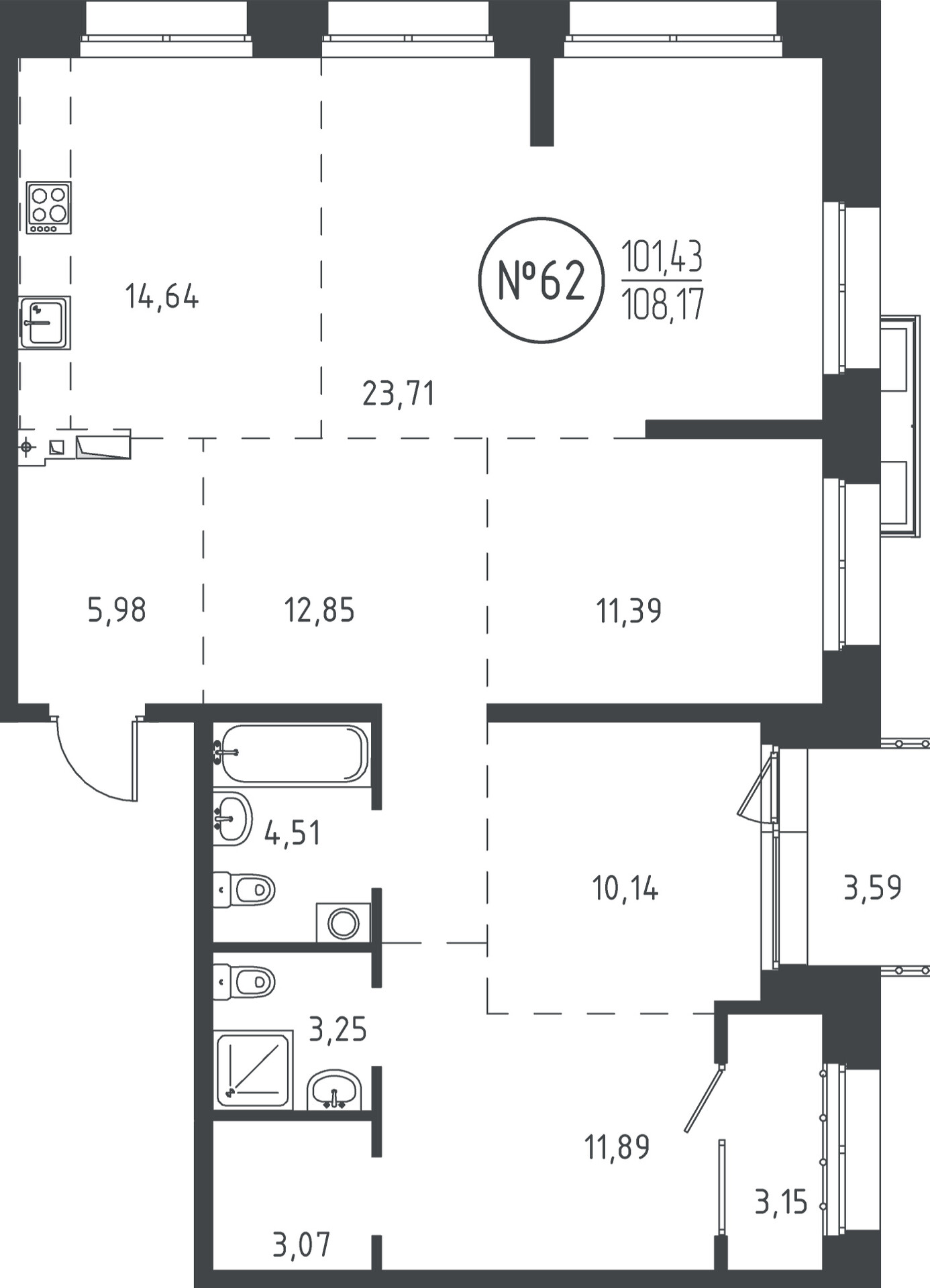 4 к. квартира, ЖК «СОЮЗ PRIORITY» 1 очередь, проезд Юрия Тена, д. 35,  кв. 62, пд.1, эт. 11/19, 107.8 м², 20 431 300 ₽, (189 530 ₽/м²)