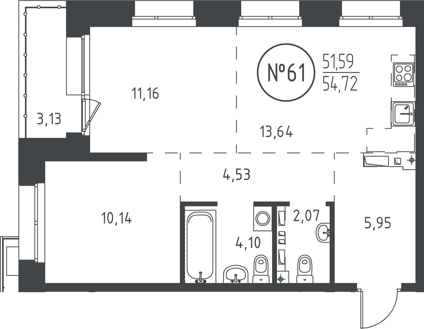 2 к. квартира, ЖК «СОЮЗ PRIORITY» 1 очередь, проезд Юрия Тена, д. 35,  кв. 61, пд.1, эт. 10/19, 54.08 м², 11 978 720 ₽, (221 500 ₽/м²)