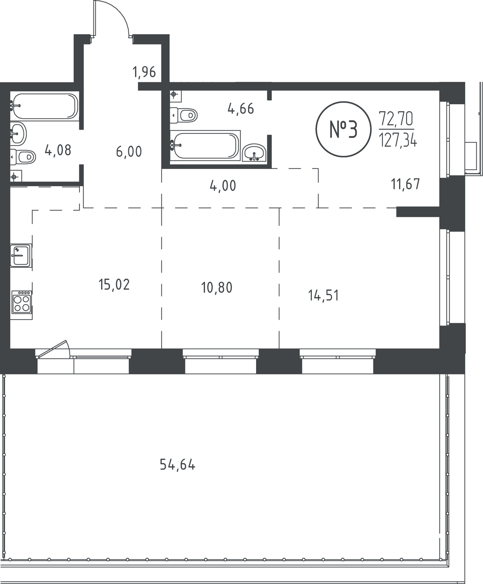 3 к. квартира, ЖК «СОЮЗ PRIORITY» 1 очередь, проезд Юрия Тена, д. 35,  кв. 3, пд.1, эт. 2/19, 126.72 м², 17 757 200 ₽, (140 129 ₽/м²)