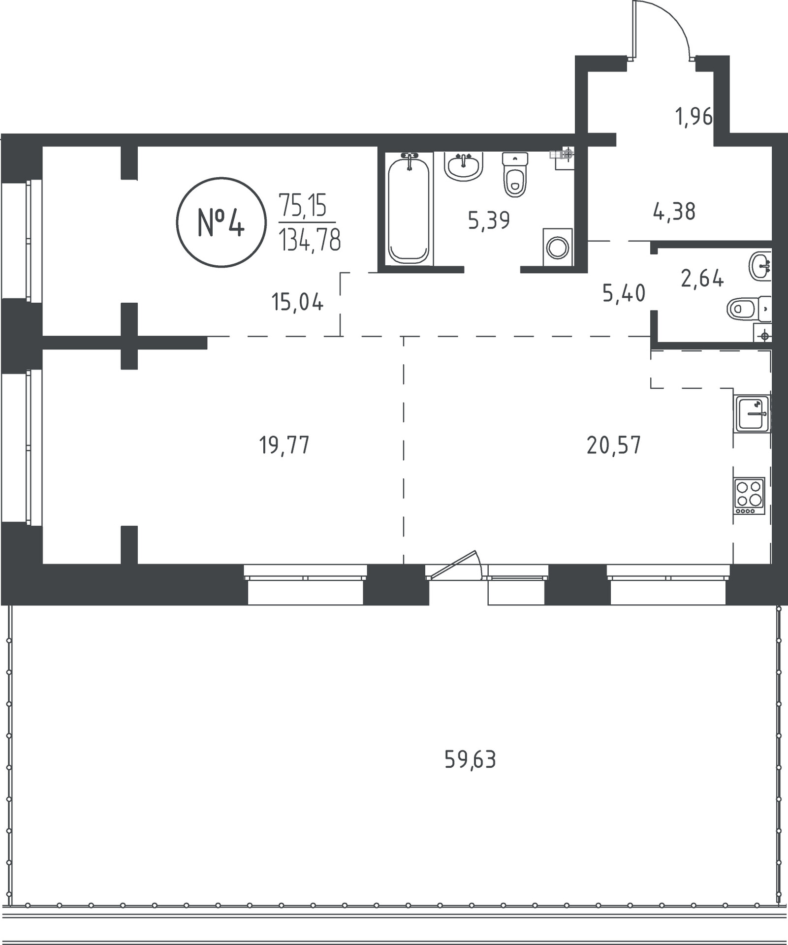 2 к. квартира, ЖК «СОЮЗ PRIORITY» 1 очередь, проезд Юрия Тена, д. 35,  кв. 4, пд.1, эт. 2/19, 134 м², 18 238 790 ₽, (136 110 ₽/м²)