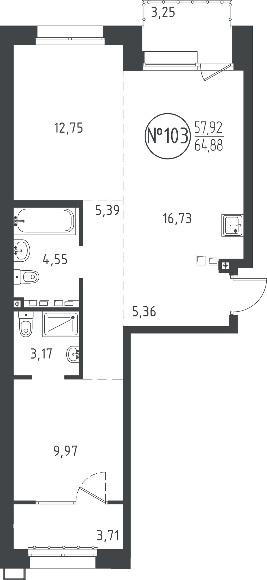 2 к. квартира, ЖК «СОЮЗ PRIORITY» 1 очередь, проезд Юрия Тена, д. 34,  кв. 103, пд.3, эт. 6/10, 64.72 м², 12 493 760 ₽, (193 043 ₽/м²)