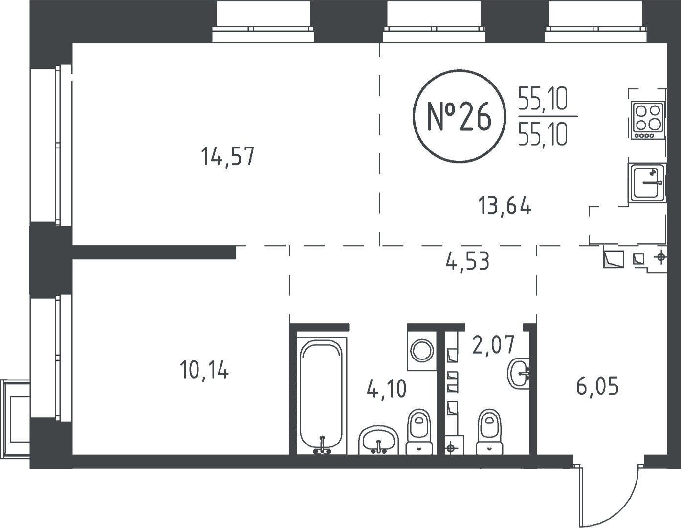 2 к. квартира, ЖК «СОЮЗ PRIORITY» 1 очередь, проезд Юрия Тена, д. 35,  кв. 26, пд.1, эт. 5/19, 54.46 м², 11 681 670 ₽, (214 500 ₽/м²)