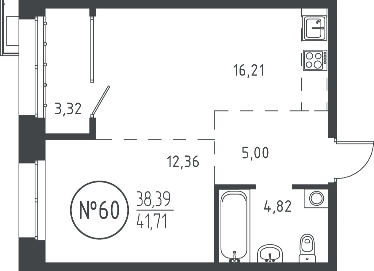 1 к. квартира, ЖК «СОЮЗ PRIORITY» 1 очередь, проезд Юрия Тена, д. 35,  кв. 60, пд.1, эт. 10/19, 41.41 м², 8 803 105 ₽, (212 584 ₽/м²)