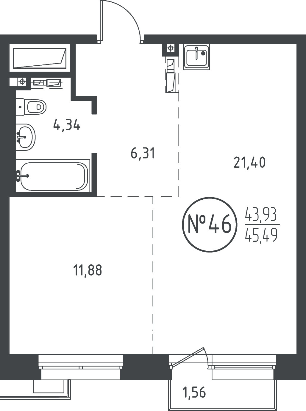 1 к. квартира, ЖК «СОЮЗ PRIORITY» 1 очередь, проезд Юрия Тена, д. 34,  кв. 46, пд.1, эт. 8/10, 45.25 м², 10 175 125 ₽, (224 865 ₽/м²)