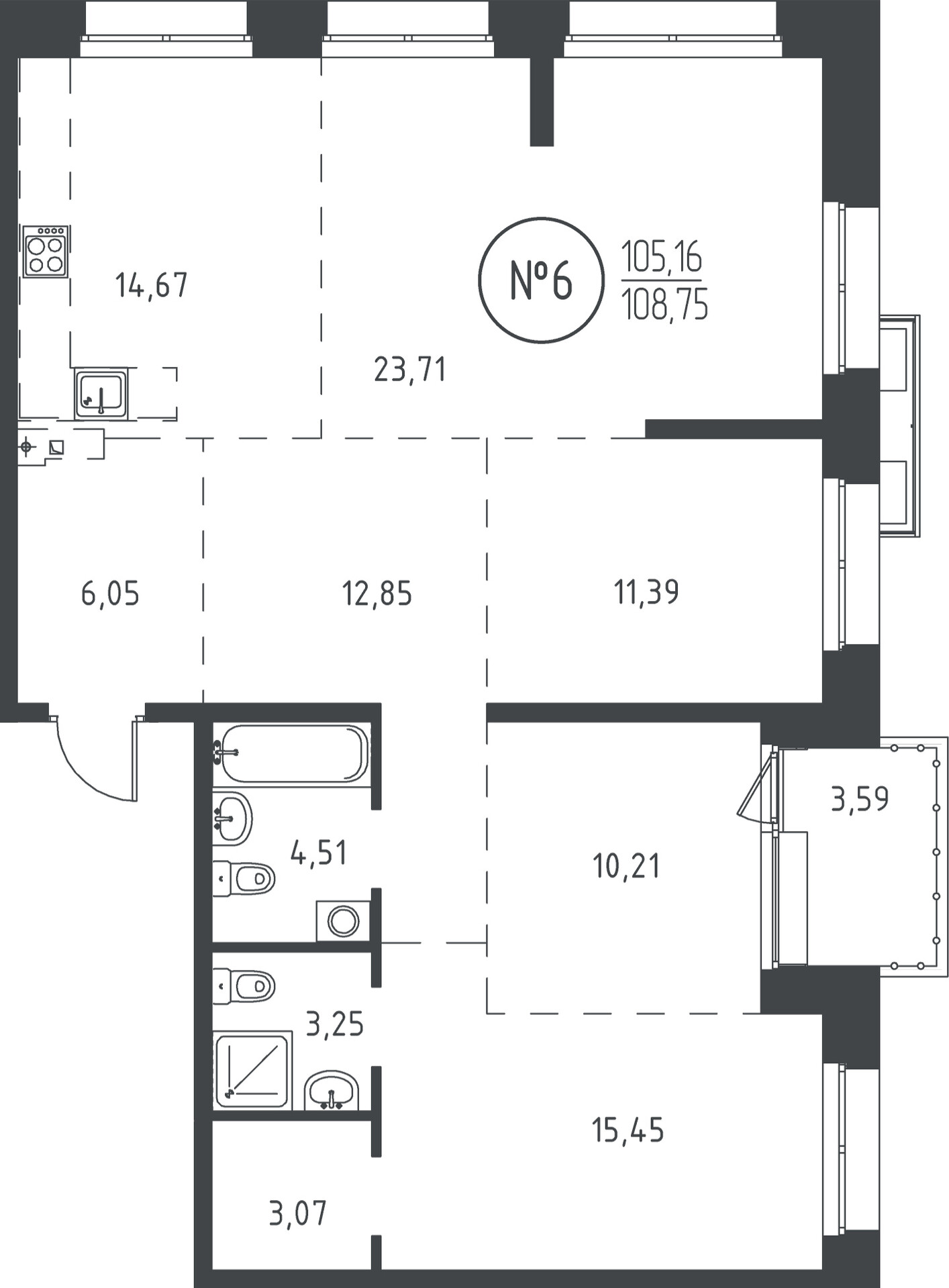 4 к. квартира, ЖК «СОЮЗ PRIORITY» 1 очередь, проезд Юрия Тена, д. 35,  кв. 6, пд.1, эт. 3/19, 108.38 м², 18 478 510 ₽, (170 497 ₽/м²)