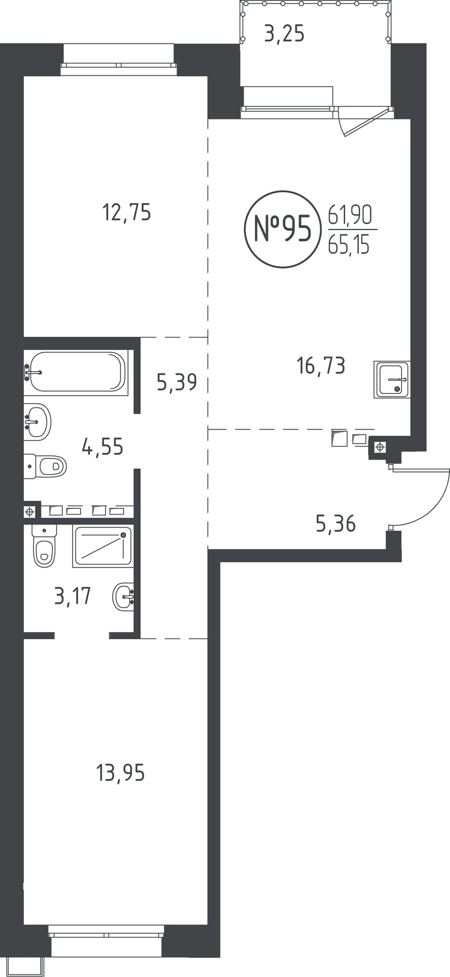 2 к. квартира, ЖК «СОЮЗ PRIORITY» 1 очередь, проезд Юрия Тена, д. 34,  кв. 95, пд.3, эт. 4/10, 65.2 м², 12 451 200 ₽, (190 969 ₽/м²)