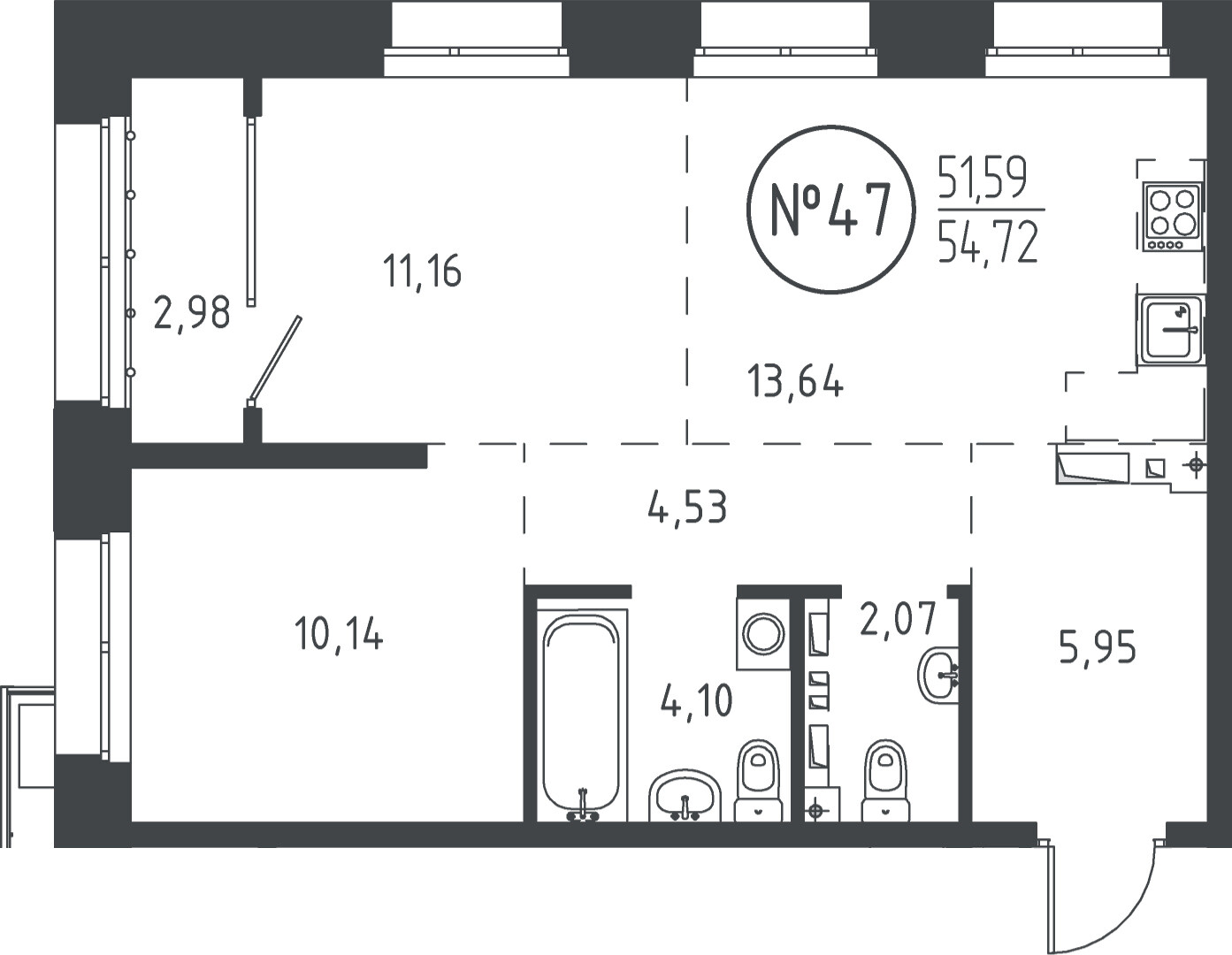 2 к. квартира, ЖК «СОЮЗ PRIORITY» 1 очередь, проезд Юрия Тена, д. 35,  кв. 47, пд.1, эт. 8/19, 53.93 м², 11 783 705 ₽, (218 500 ₽/м²)