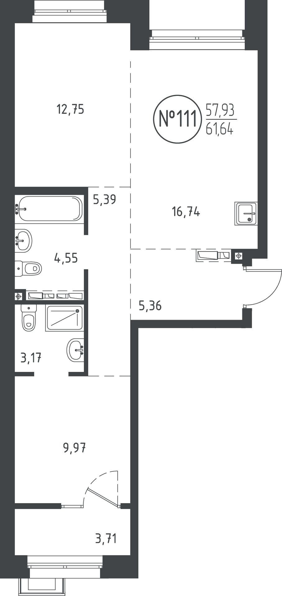 2 к. квартира, ЖК «СОЮЗ PRIORITY» 1 очередь, проезд Юрия Тена, д. 34,  кв. 111, пд.3, эт. 8/10, 60.95 м², 11 925 750 ₽, (195 664 ₽/м²)