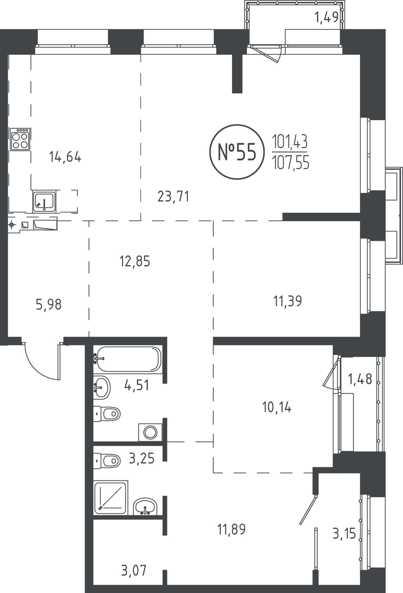 4 к. квартира, ЖК «СОЮЗ PRIORITY» 1 очередь, проезд Юрия Тена, д. 35,  кв. 55, пд.1, эт. 10/19, 107.18 м², 20 210 350 ₽, (188 565 ₽/м²)