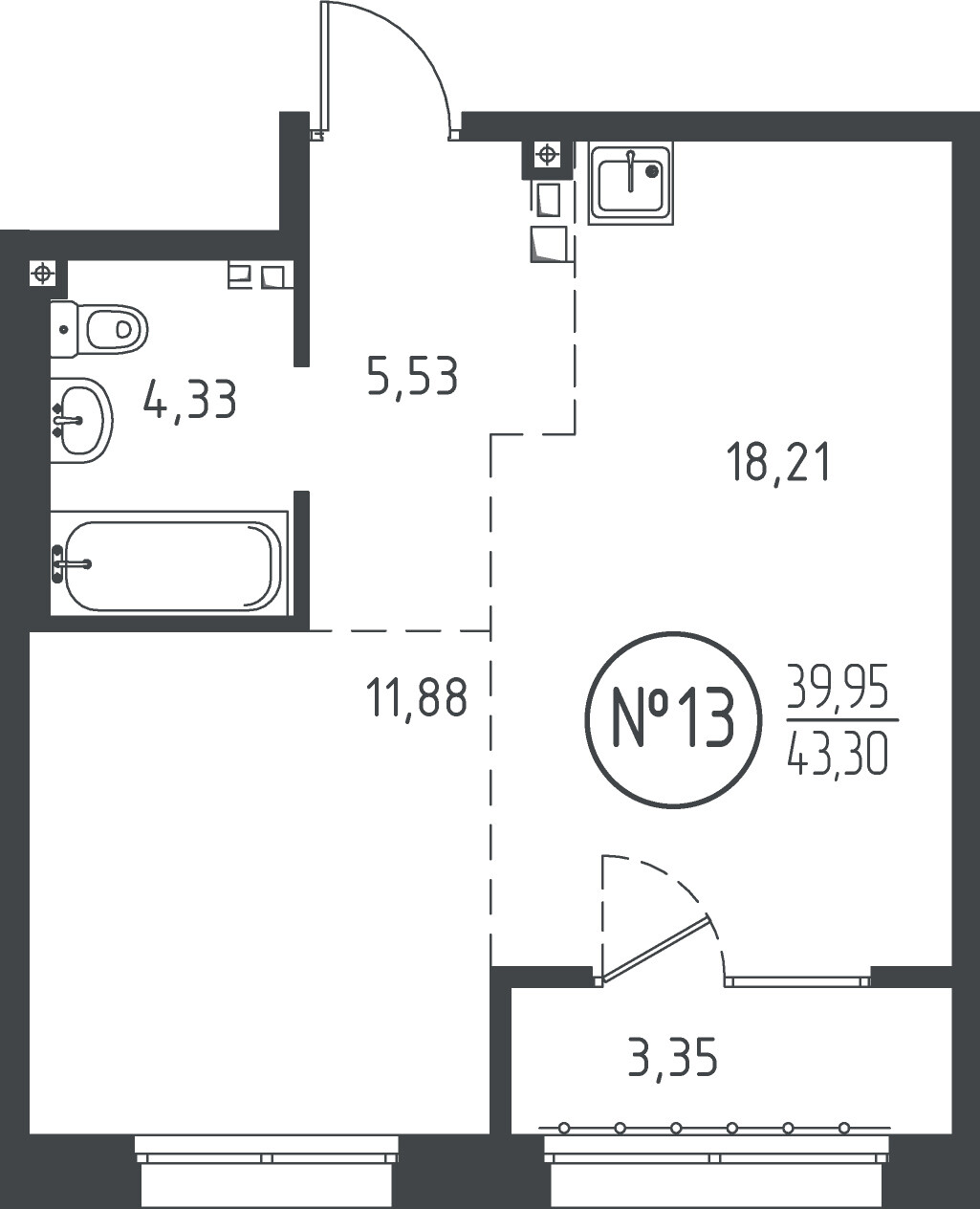 1 к. квартира, ЖК «СОЮЗ PRIORITY» 1 очередь, проезд Юрия Тена, д. 34,  кв. 13, пд.1, эт. 3/10, 43.28 м², 9 457 480 ₽, (218 518 ₽/м²)