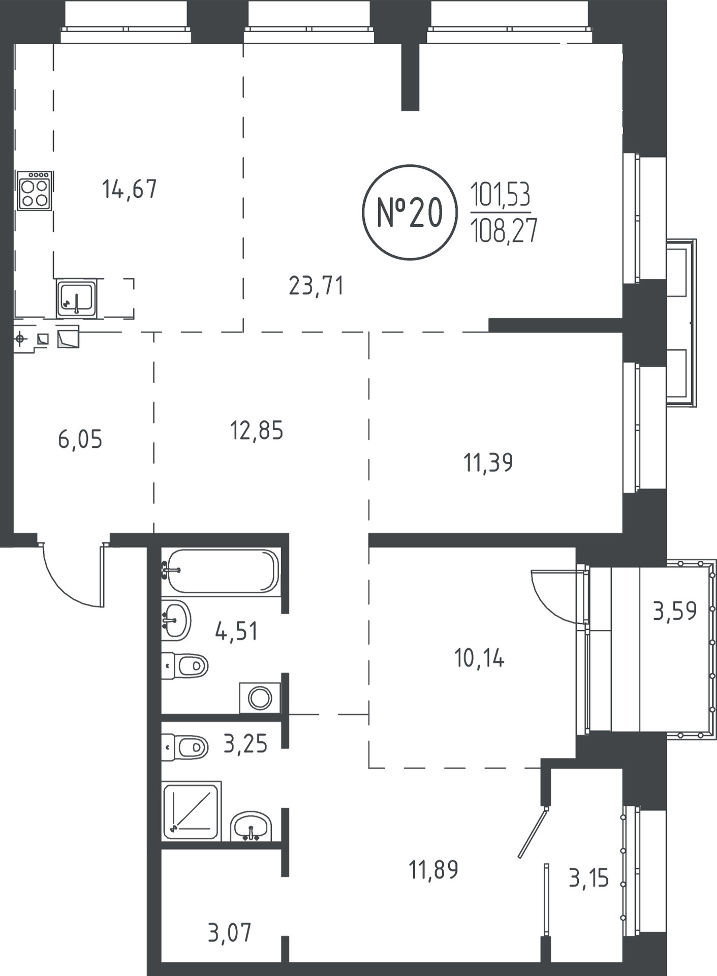 4 к. квартира, ЖК «СОЮЗ PRIORITY» 1 очередь, проезд Юрия Тена, д. 35,  кв. 20, пд.1, эт. 5/19, 107.9 м², 18 615 350 ₽, (172 524 ₽/м²)