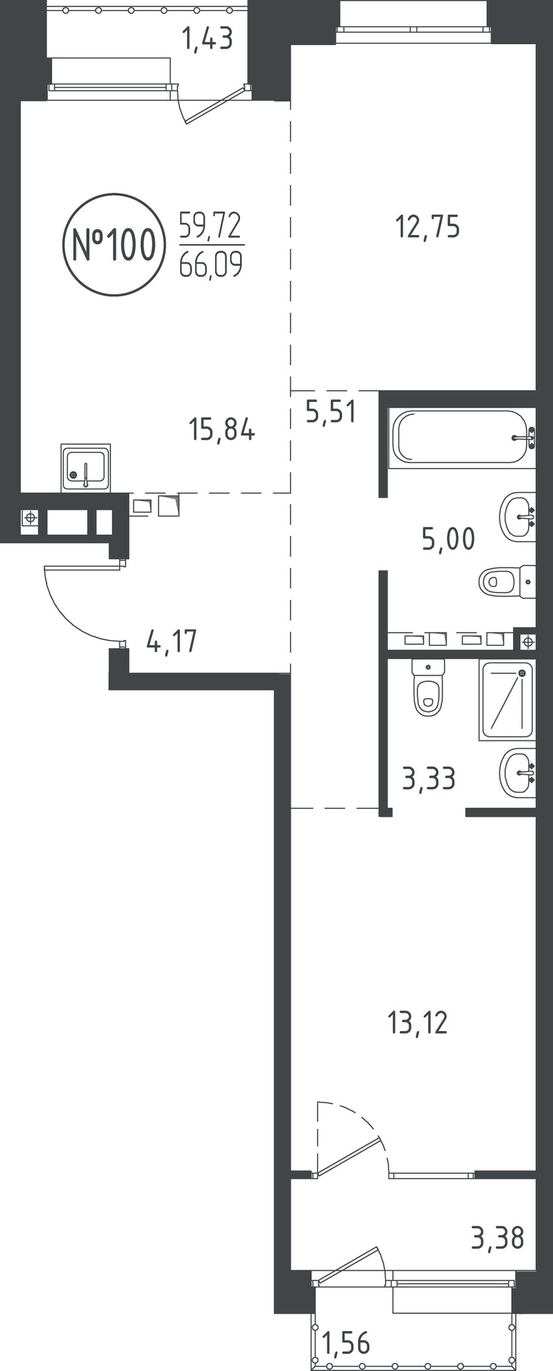 2 к. квартира, ЖК «СОЮЗ PRIORITY» 1 очередь, проезд Юрия Тена, д. 34,  кв. 100, пд.3, эт. 6/10, 66.14 м², 12 753 620 ₽, (192 828 ₽/м²)