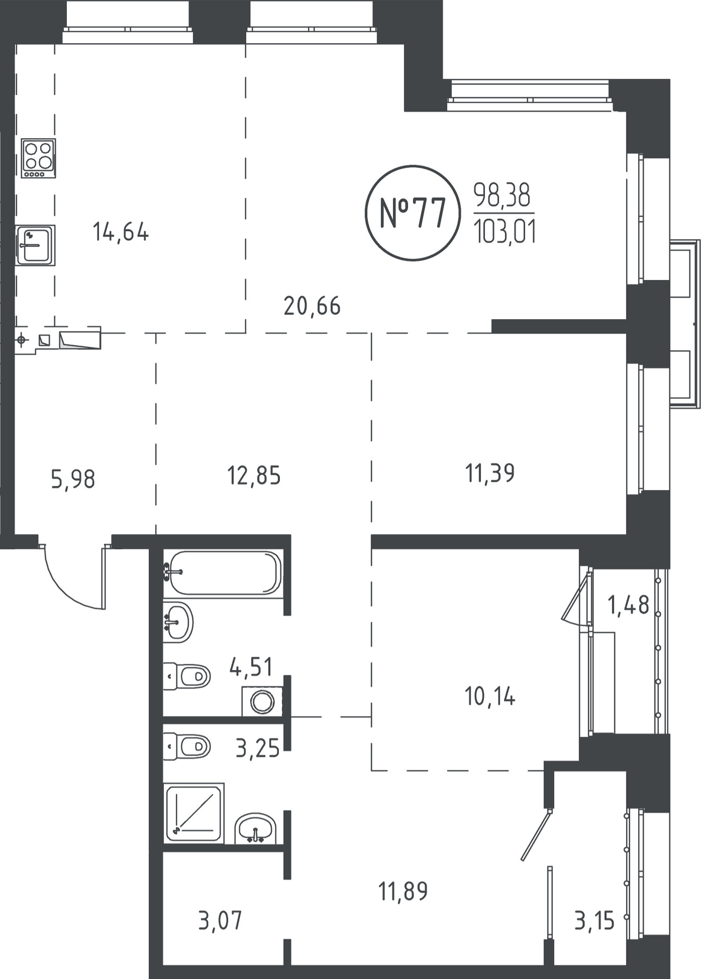 4 к. квартира, ЖК «СОЮЗ PRIORITY» 1 очередь, проезд Юрия Тена, д. 35,  кв. 77, пд.1, эт. 14/19, 102.64 м², 19 792 360 ₽, (192 833 ₽/м²)