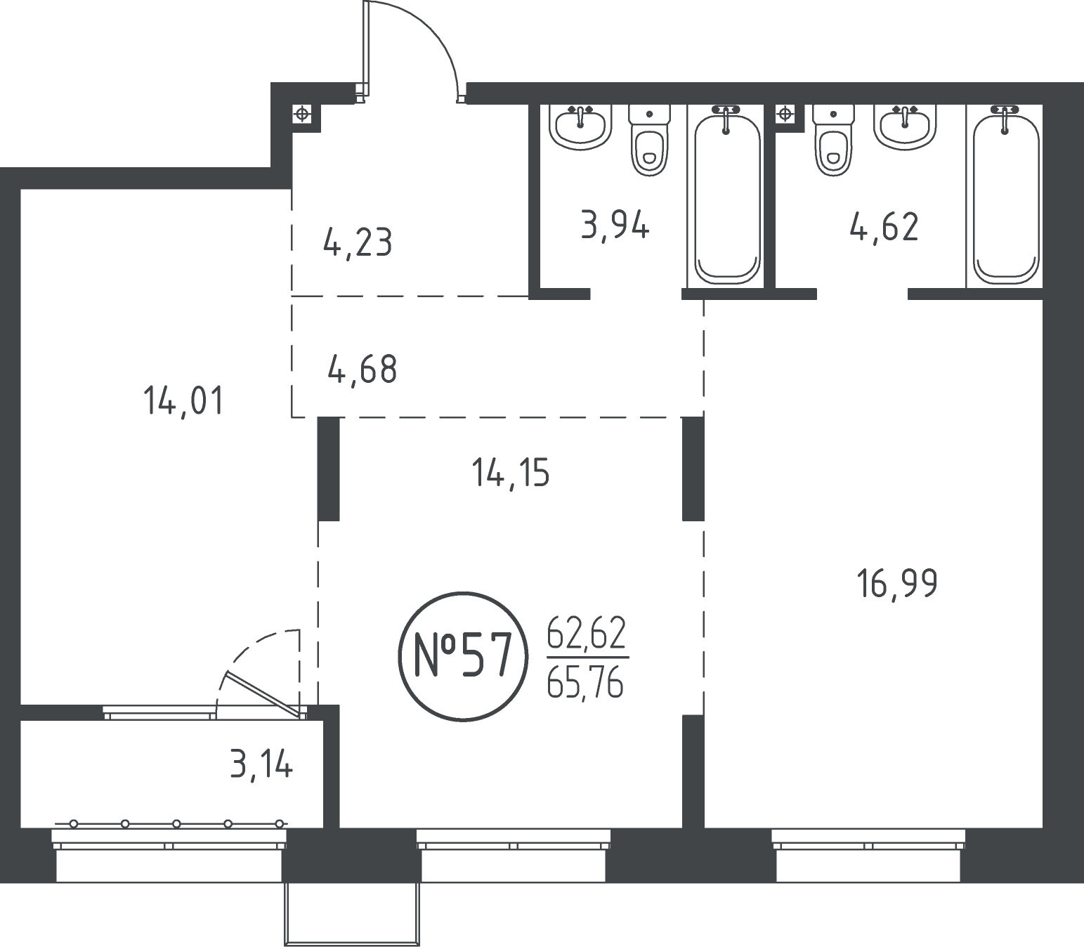 2 к. квартира, ЖК «СОЮЗ PRIORITY» 1 очередь, проезд Юрия Тена, д. 34,  кв. 57, пд.2, эт. 2/10, 66.4 м², 12 303 200 ₽, (185 289 ₽/м²)