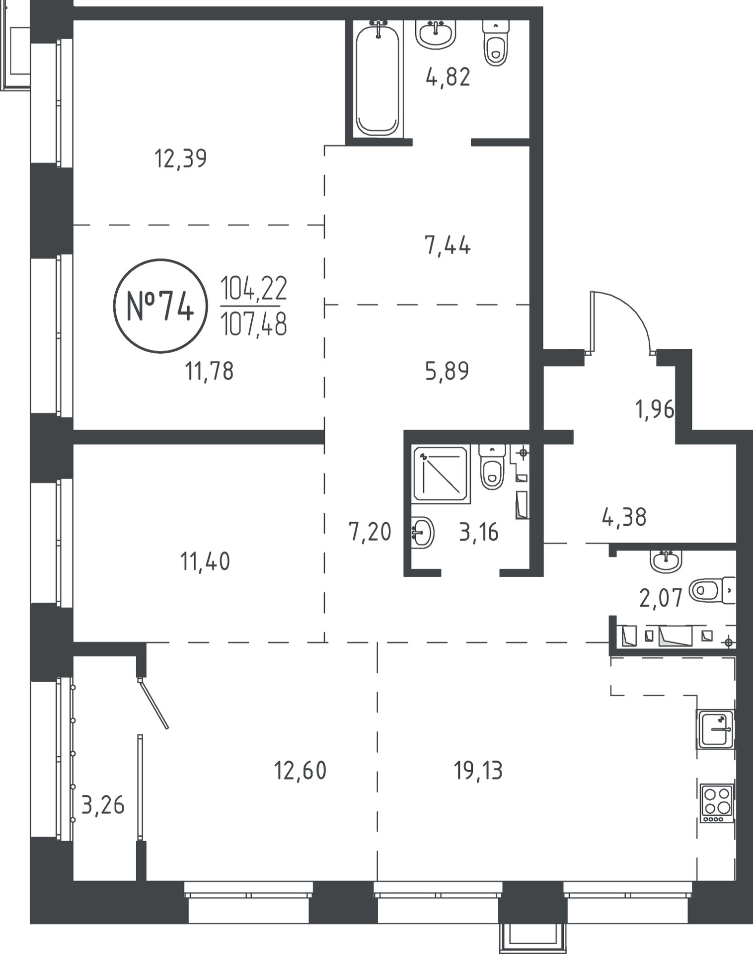 4 к. квартира, ЖК «СОЮЗ PRIORITY» 1 очередь, проезд Юрия Тена, д. 35,  кв. 74, пд.1, эт. 13/19, 106.54 м², 20 306 630 ₽, (190 601 ₽/м²)