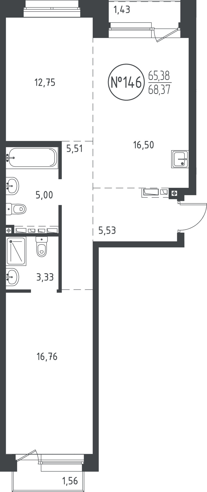 2 к. квартира, ЖК «СОЮЗ PRIORITY» 1 очередь, проезд Юрия Тена, д. 34,  кв. 146, пд.4, эт. 9/10, 68.37 м², 13 366 820 ₽, (195 507 ₽/м²)