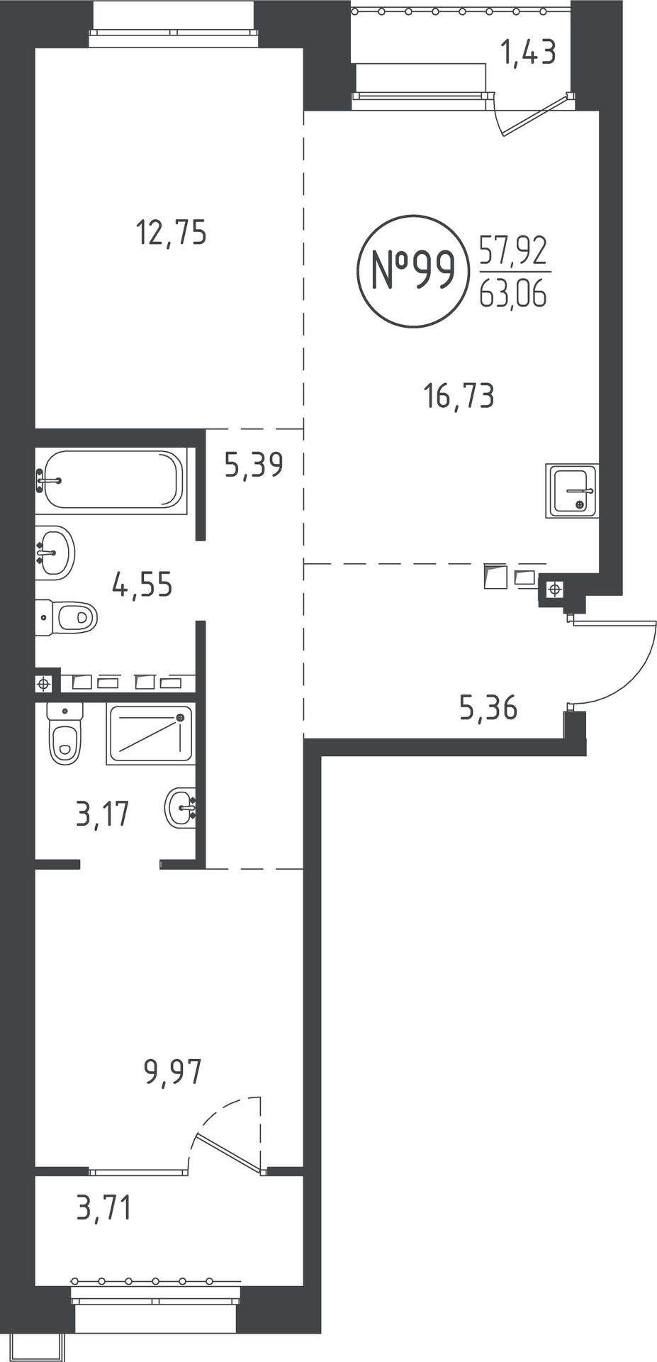 2 к. квартира, ЖК «СОЮЗ PRIORITY» 1 очередь, проезд Юрия Тена, д. 34,  кв. 99, пд.3, эт. 5/10, 62.87 м², 12 091 860 ₽, (192 331 ₽/м²)