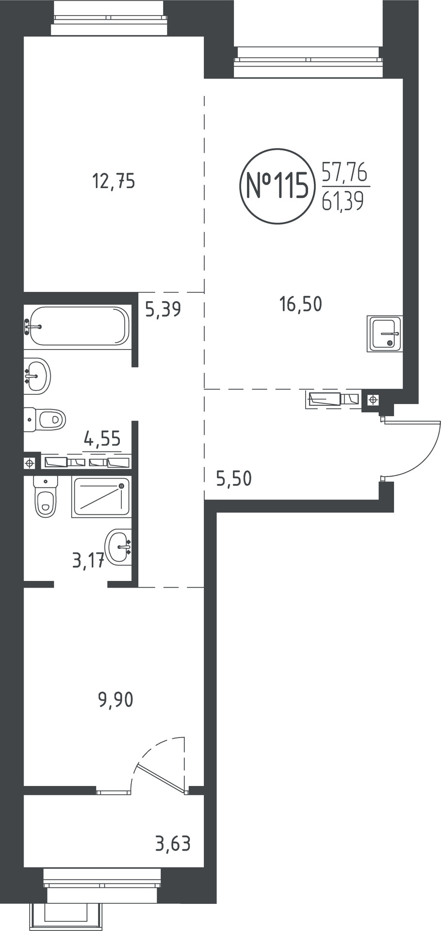 2 к. квартира, ЖК «СОЮЗ PRIORITY» 1 очередь, проезд Юрия Тена, д. 34,  кв. 115, пд.3, эт. 9/10, 61.21 м², 12 035 060 ₽, (196 619 ₽/м²)