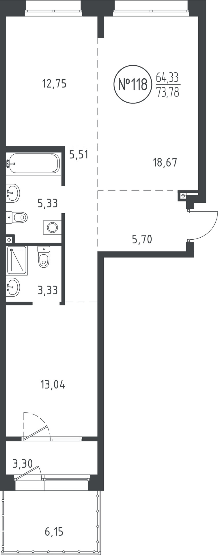 2 к. квартира, ЖК «СОЮЗ PRIORITY» 1 очередь, проезд Юрия Тена, д. 34,  кв. 118, пд.4, эт. 2/10, 72.99 м², 11 853 965 ₽, (162 405 ₽/м²)