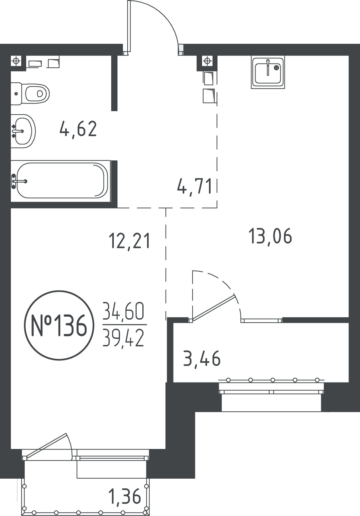 1 к. квартира, ЖК «СОЮЗ PRIORITY» 1 очередь, проезд Юрия Тена, д. 34,  кв. 136, пд.4, эт. 7/10, 38.98 м², 8 660 391 ₽, (222 175 ₽/м²)