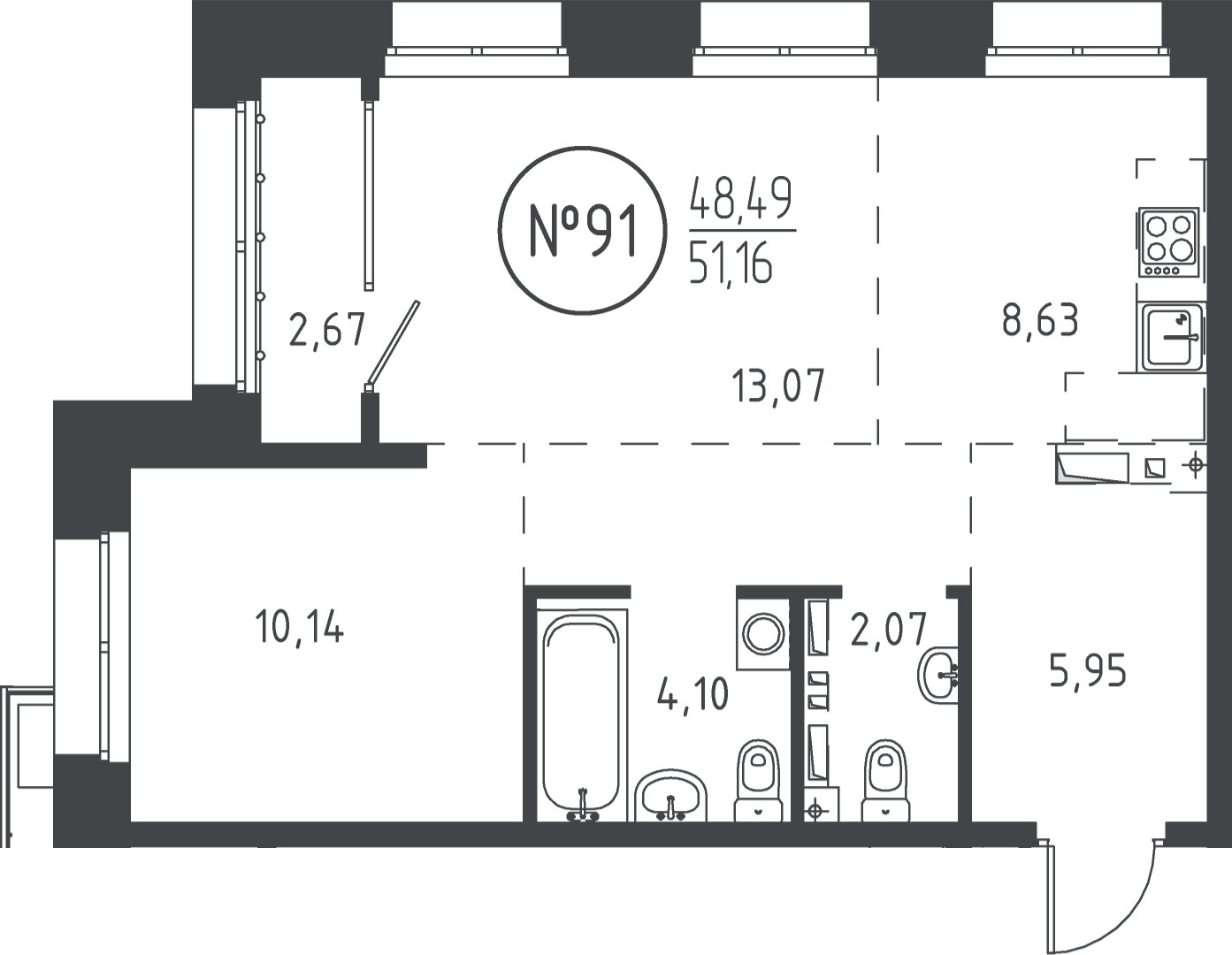 2 к. квартира, ЖК «СОЮЗ PRIORITY» 1 очередь, проезд Юрия Тена, д. 35,  кв. 91, пд.1, эт. 16/19, 50.47 м², 11 986 625 ₽, (237 500 ₽/м²)