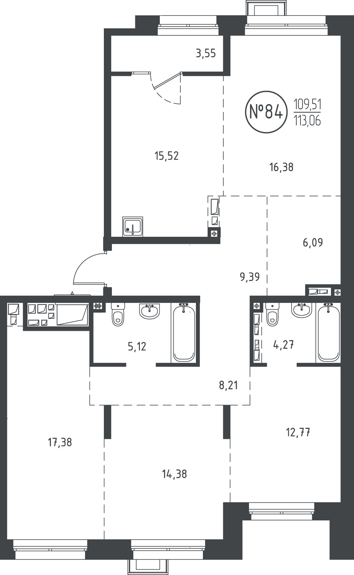 4 к. квартира, ЖК «СОЮЗ PRIORITY» 1 очередь, проезд Юрия Тена, д. 34,  кв. 84, пд.2, эт. 9/10, 112.64 м², 19 517 200 ₽, (173 271 ₽/м²)