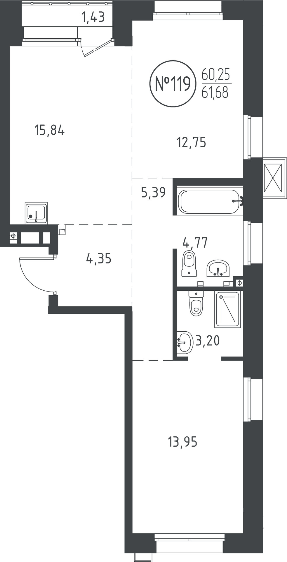 2 к. квартира, ЖК «СОЮЗ PRIORITY» 1 очередь, проезд Юрия Тена, д. 34,  кв. 119, пд.4, эт. 3/10, 61.46 м², 12 358 130 ₽, (201 076 ₽/м²)