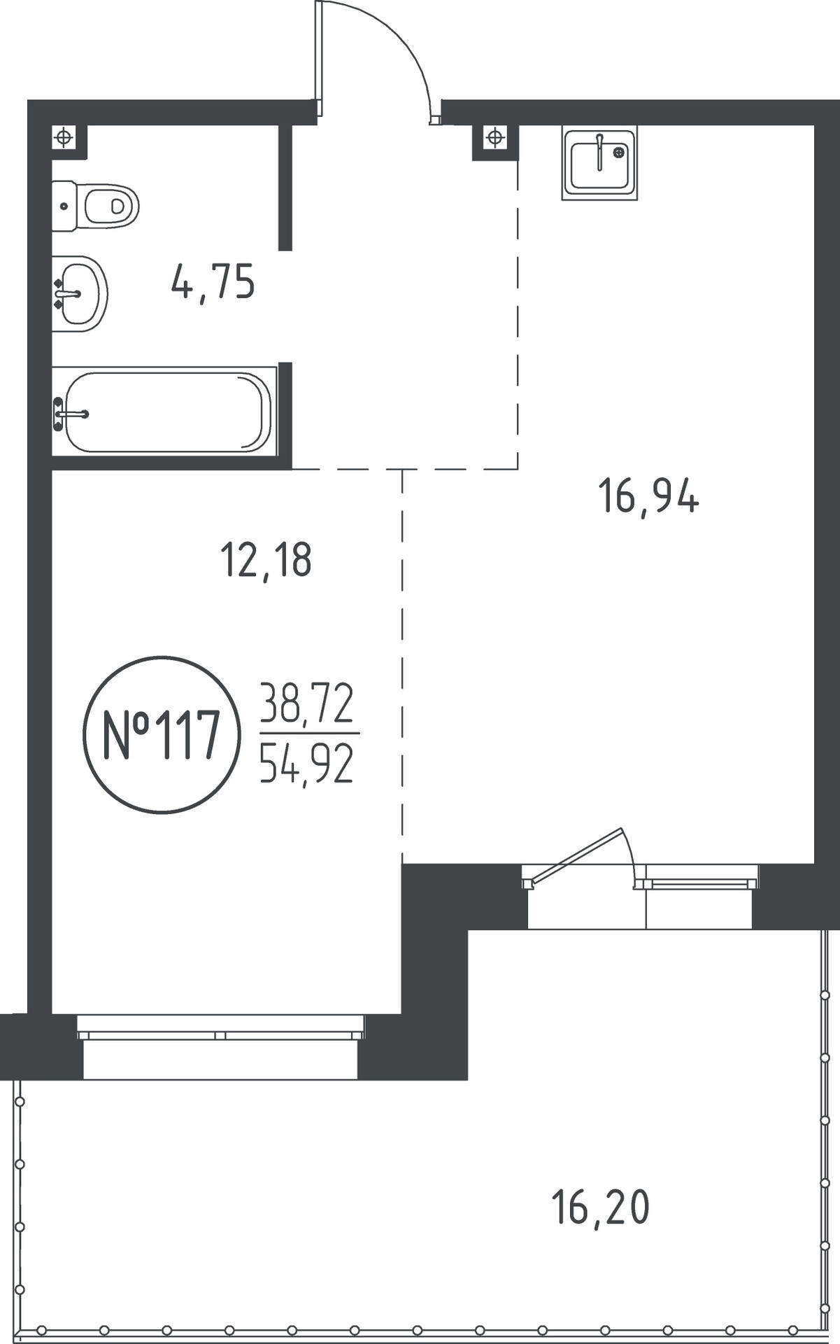 1 к. квартира, ЖК «СОЮЗ PRIORITY» 1 очередь, проезд Юрия Тена, д. 34,  кв. 117, пд.4, эт. 2/10, 54.03 м², 8 943 605 ₽, (165 530 ₽/м²)