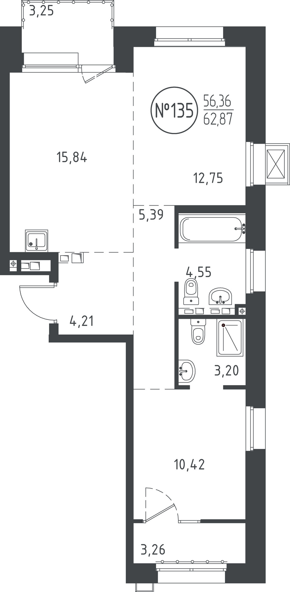 2 к. квартира, ЖК «СОЮЗ PRIORITY» 1 очередь, проезд Юрия Тена, д. 34,  кв. 135, пд.4, эт. 7/10, 62.97 м², 13 086 575 ₽, (207 822 ₽/м²)