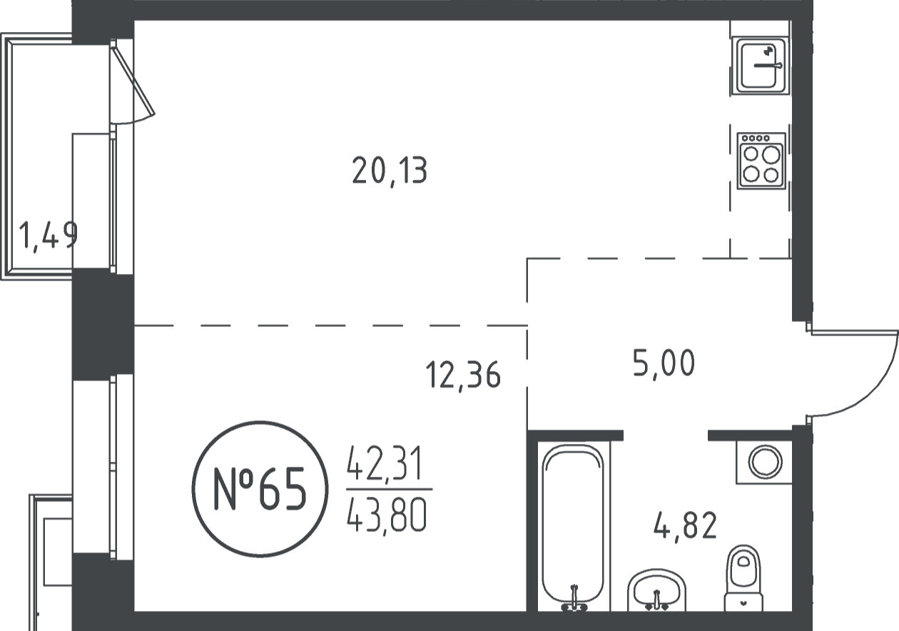 1 к. квартира, ЖК «СОЮЗ PRIORITY» 1 очередь, проезд Юрия Тена, д. 35,  кв. 65, пд.1, эт. 11/19, 43.5 м², 9 255 500 ₽, (212 770 ₽/м²)