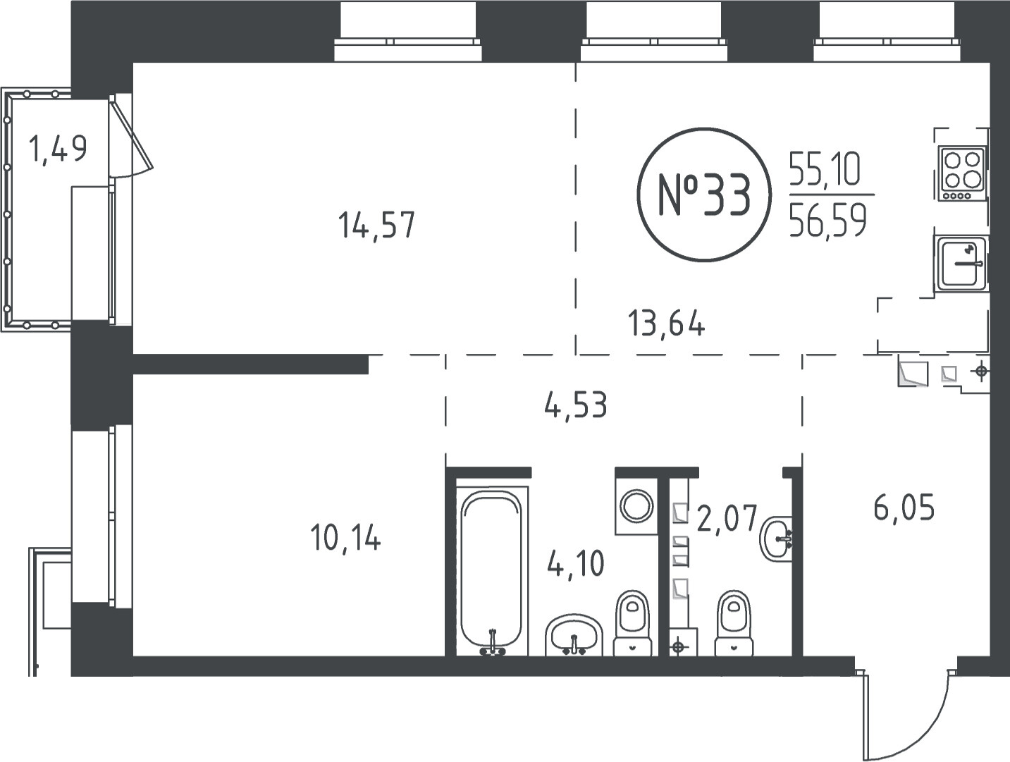 2 к. квартира, ЖК «СОЮЗ PRIORITY» 1 очередь, проезд Юрия Тена, д. 35,  кв. 33, пд.1, эт. 6/19, 55.95 м², 12 113 175 ₽, (216 500 ₽/м²)