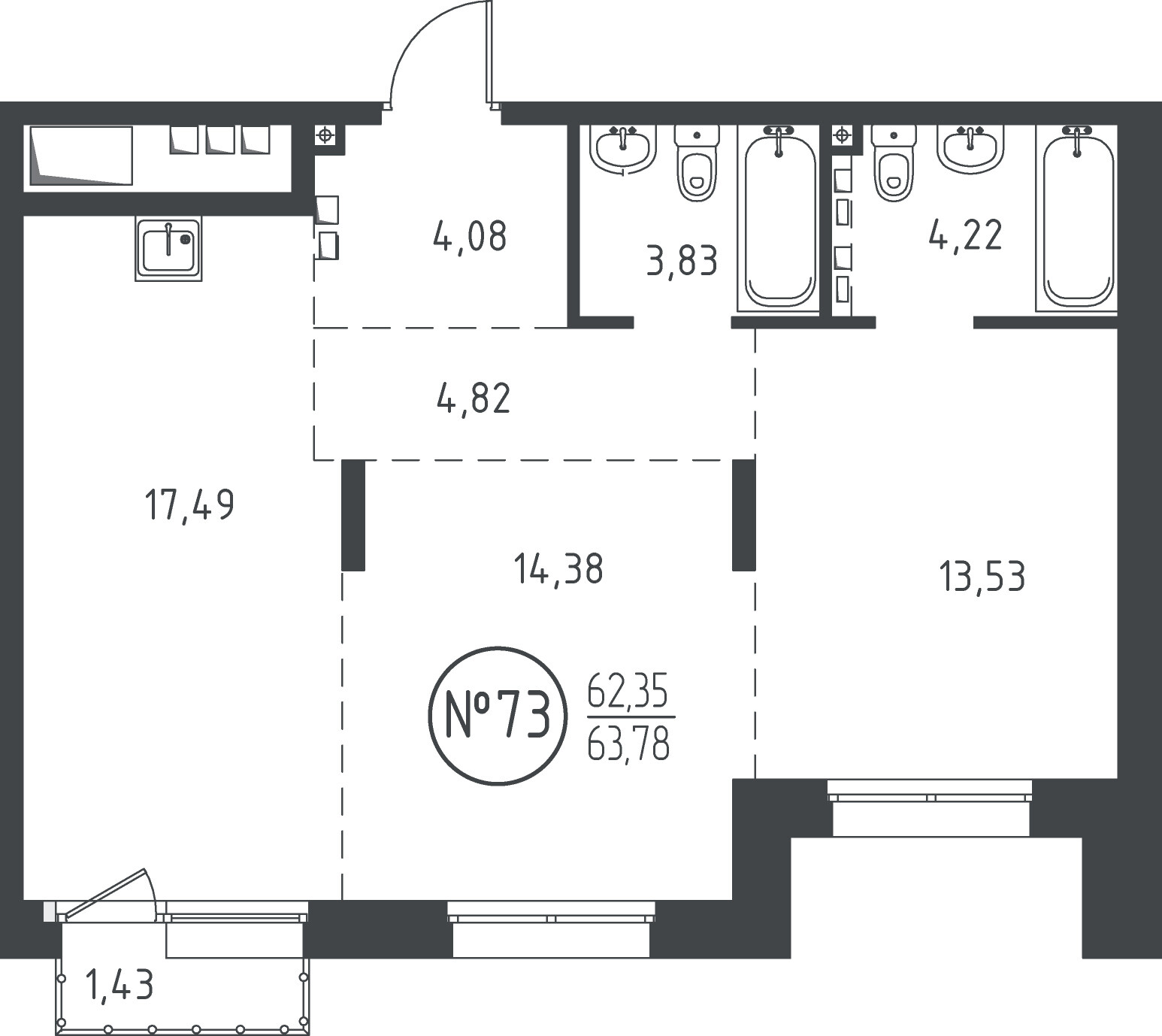 2 к. квартира, ЖК «СОЮЗ PRIORITY» 1 очередь, проезд Юрия Тена, д. 34,  кв. 81, пд.2, эт. 8/10, 63.33 м², 12 397 715 ₽, (195 764 ₽/м²)