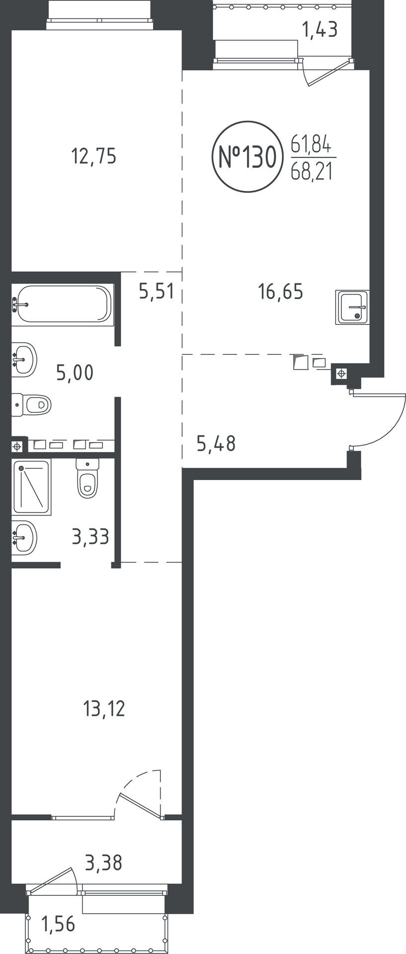 2 к. квартира, ЖК «СОЮЗ PRIORITY» 1 очередь, проезд Юрия Тена, д. 34,  кв. 130, пд.4, эт. 5/10, 67.98 м², 13 022 360 ₽, (191 562 ₽/м²)