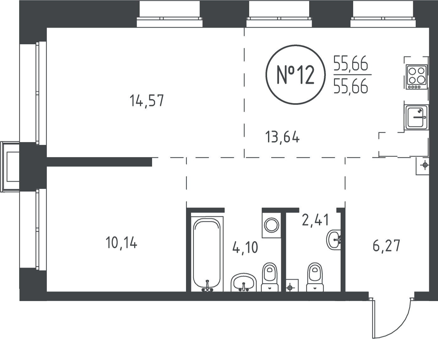 2 к. квартира, ЖК «СОЮЗ PRIORITY» 1 очередь, проезд Юрия Тена, д. 35, кв. 12, пд.1, эт. 3/19, 55.01 м², 11 579 605 ₽, (210 500 ₽/м²)