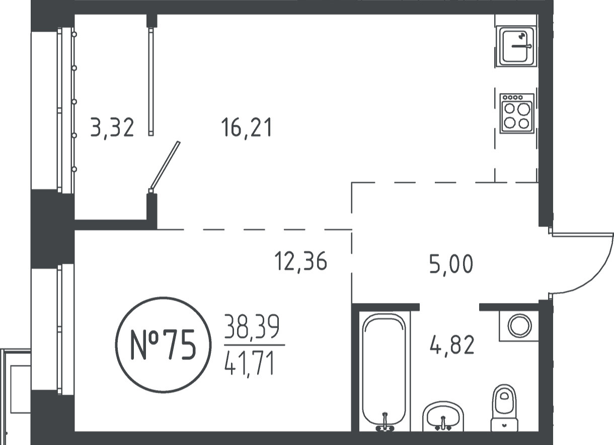 1 к. квартира, ЖК «СОЮЗ PRIORITY» 1 очередь, проезд Юрия Тена, д. 35,  кв. 75, пд.1, эт. 13/19, 41.41 м², 8 928 235 ₽, (215 606 ₽/м²)