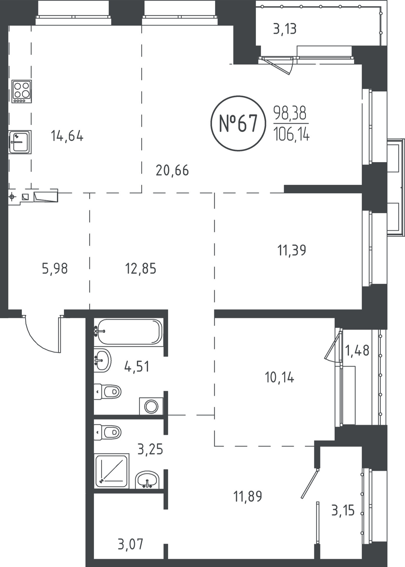 4 к. квартира, ЖК «СОЮЗ PRIORITY» 1 очередь, проезд Юрия Тена, д. 35,  кв. 67, пд.1, эт. 12/19, 105.77 м², 20 270 335 ₽, (191 645 ₽/м²)