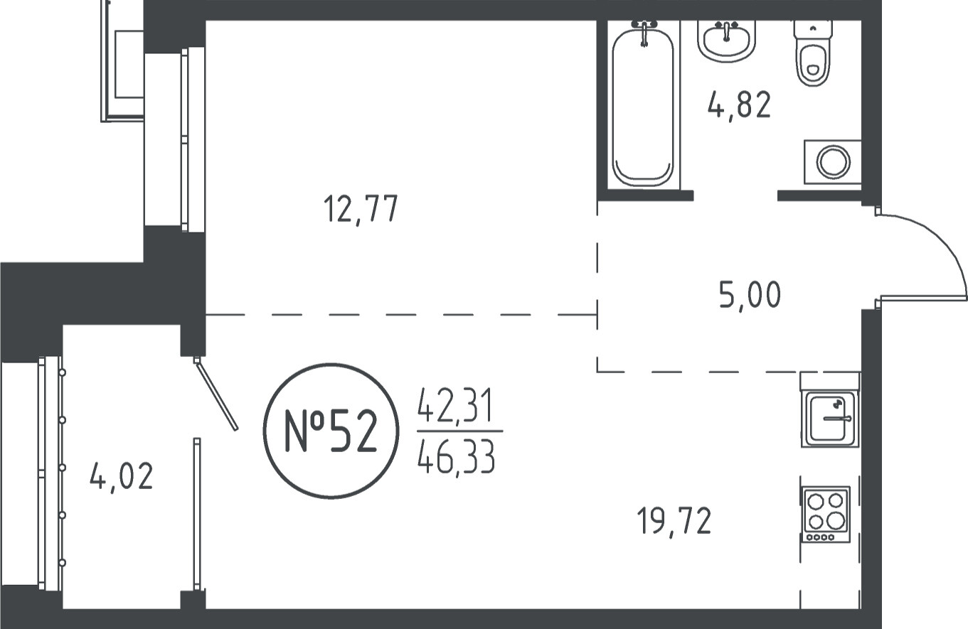 1 к. квартира, ЖК «СОЮЗ PRIORITY» 1 очередь, проезд Юрия Тена, д. 35,  кв. 52, пд.1, эт. 9/19, 46.04 м², 9 660 025 ₽, (209 818 ₽/м²)