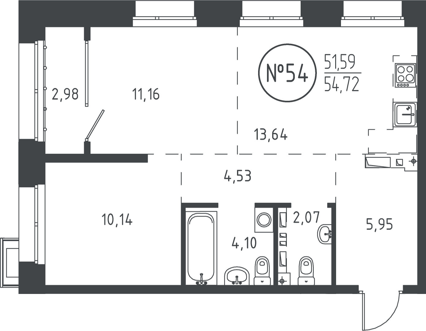 2 к. квартира, ЖК «СОЮЗ PRIORITY» 1 очередь, проезд Юрия Тена, д. 35,  кв. 54, пд.1, эт. 9/19, 53.93 м², 11 837 635 ₽, (219 500 ₽/м²)