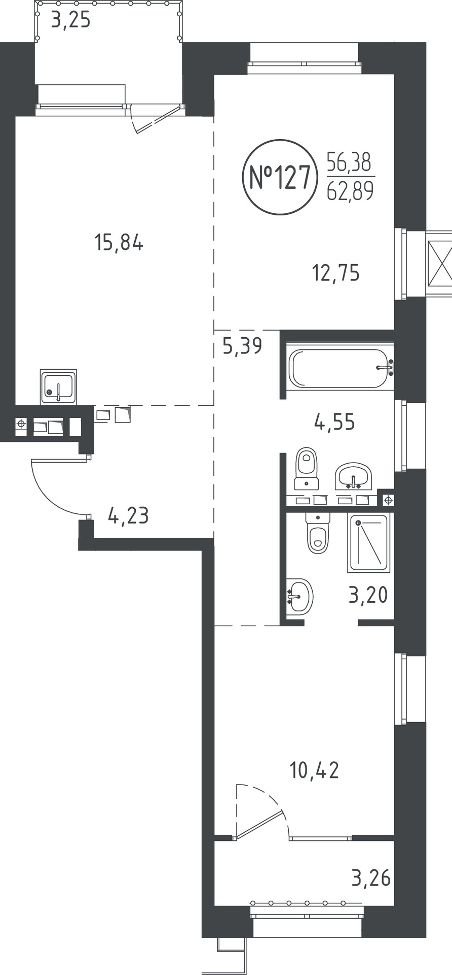 2 к. квартира, ЖК «СОЮЗ PRIORITY» 1 очередь, проезд Юрия Тена, д. 34,  кв. 127, пд.4, эт. 5/10, 63.01 м², 13 031 465 ₽, (206 816 ₽/м²)