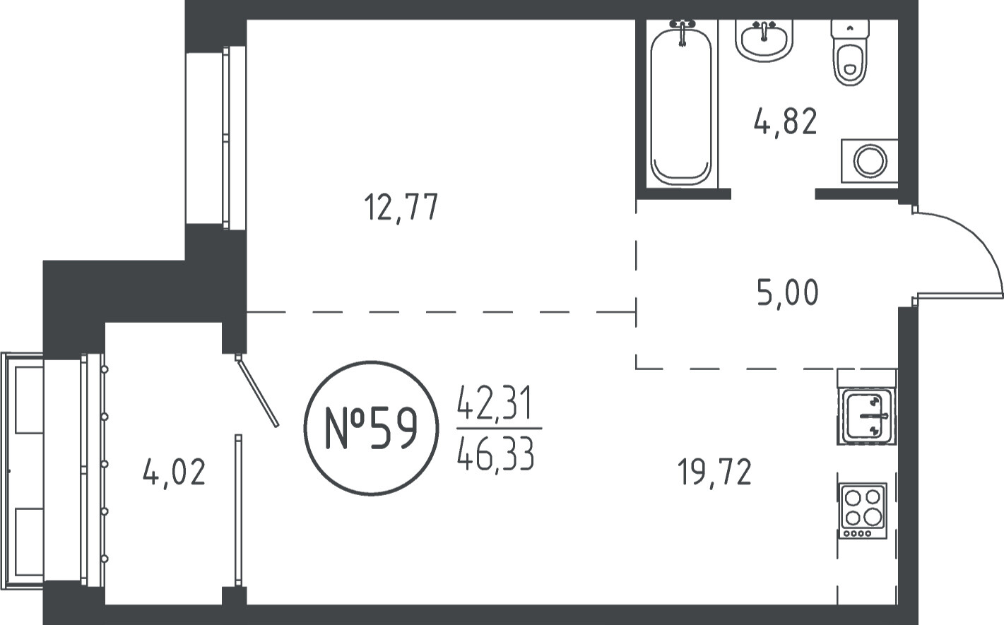 1 к. квартира, ЖК «СОЮЗ PRIORITY» 1 очередь, проезд Юрия Тена, д. 35,  кв. 59, пд.1, эт. 10/19, 46.04 м², 9 706 355 ₽, (210 824 ₽/м²)