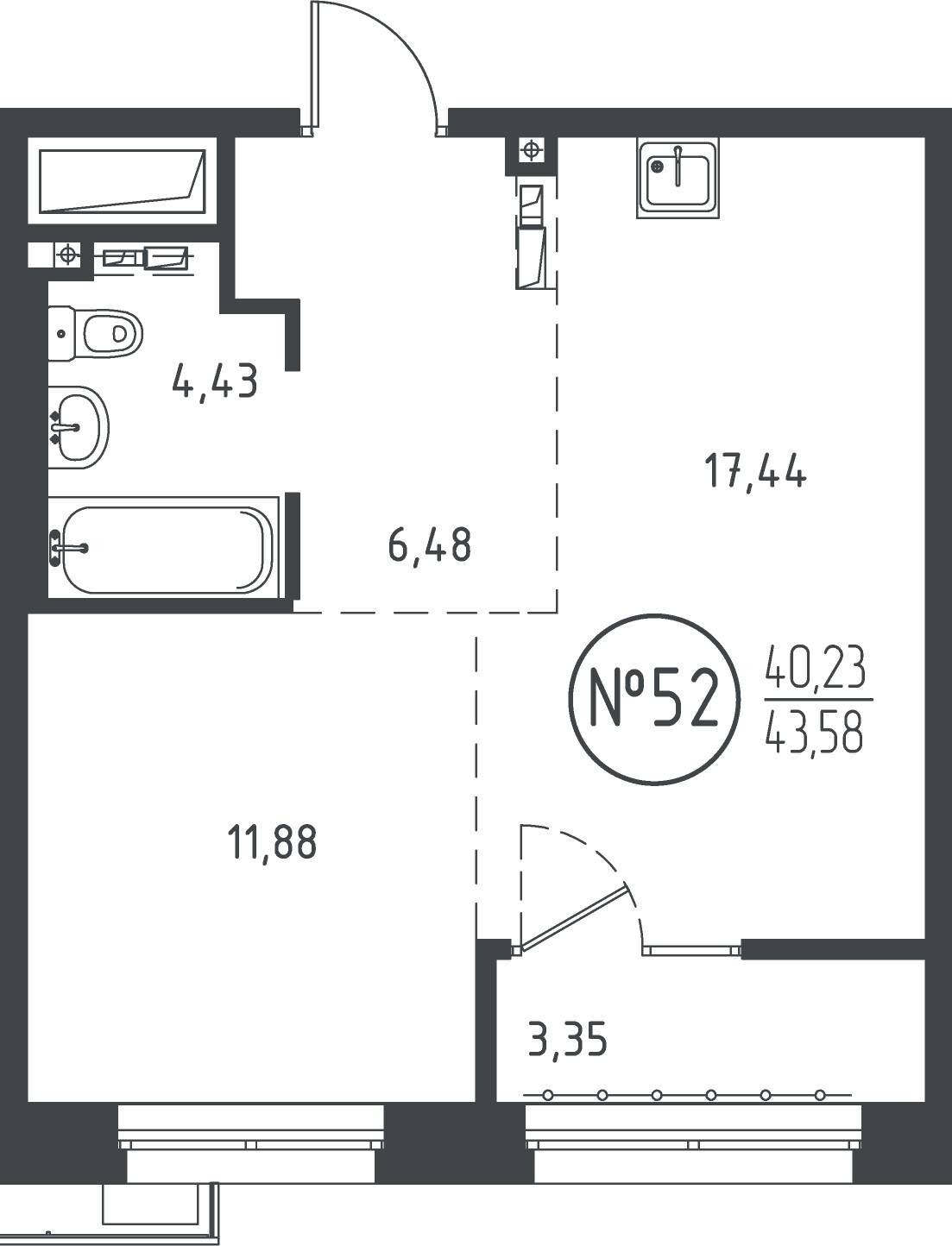 1 к. квартира, ЖК «СОЮЗ PRIORITY» 1 очередь, проезд Юрия Тена, д. 34,  кв. 52, пд.1, эт. 9/10, 43.09 м², 9 763 535 ₽, (226 585 ₽/м²)